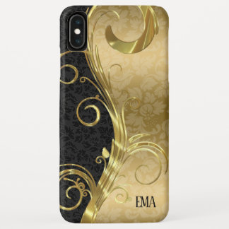Funda Para iPhone XS Max Black Gold Damask Gold Swirls