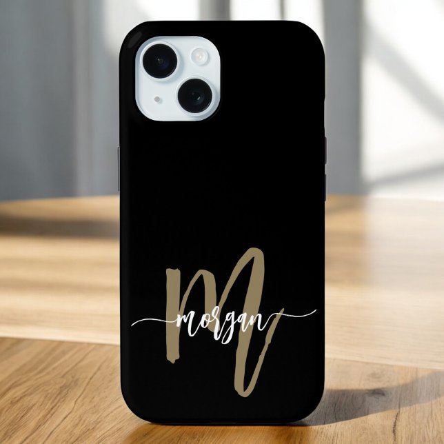 Funda De Case-Mate Para iPhone Black Gold Modern Script Girly Monograma Nombre (Subido por el creador)