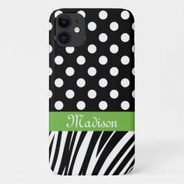 Funda Para iPhone 11 Black Polka Dots Zebra Stripes Green Name