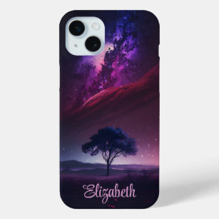 Funda Para iPhone 15 Mini Black Purple Universe Tree Stark Night Name