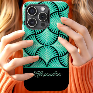 Funda Para iPhone 15 Black Teal Retro 1920s Gatsby Palmas Nombre Script