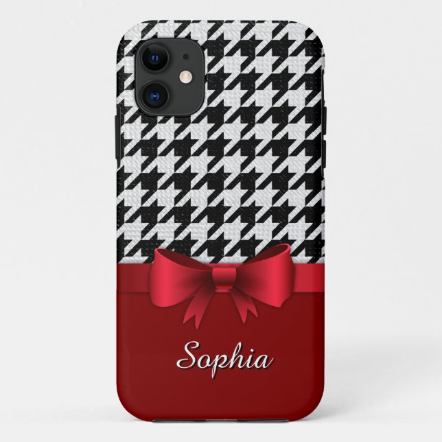 Funda De Case-Mate Para iPhone Black White Houndstap Pattern Red Bow (Reverso)