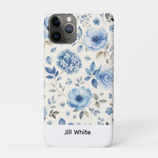 Funda Para iPhone 11 Pro Blanco Acuarela Floral Azul