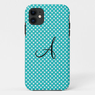 Funda Para iPhone 11 Blanco del monograma y lunares de la turquesa