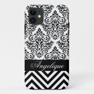 Funda Para iPhone 11 Blanco del negro el   del diseñador del damasco de
