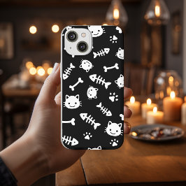Funda Para iPhone 12 Blanco lindo en huesos de gato negro Patrón de pez