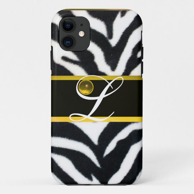 FUNDA DE Case-Mate PARA iPhone BLANCO NEGRO AMARILLO ZEBRA FUR GEM MONOGRAMA AMAR (Reverso)
