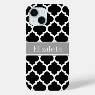 Funda Para iPhone 15 Blanco Negro Marroquí #5 Monograma Nombre Gris Osc