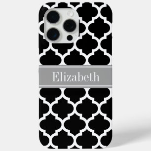 Funda Para iPhone 15 Pro Max Blanco Negro Marroquí #5 Monograma Nombre Gris Osc