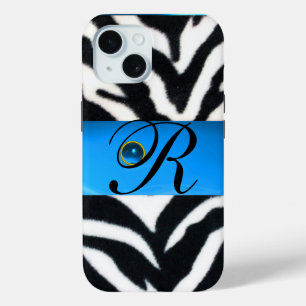 FUNDA PARA iPhone 15 BLANCO NEGRO ZEBRA AQUA AQUÍ AZUL GEM MONOGRAM,