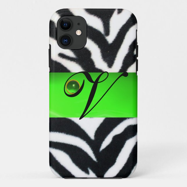 FUNDA DE Case-Mate PARA iPhone BLANCO NEGRO ZEBRA FUR EMERALD GREEN GEM MONOGRAM, (Reverso)