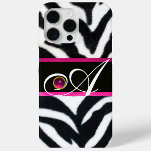 FUNDA PARA iPhone 15 PRO MAX BLANCO NEGRO ZEBRA FUR FUCHSIA PINK GEM MONOGRAM,