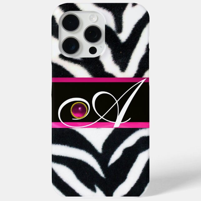 FUNDA DE Case-Mate PARA iPhone BLANCO NEGRO ZEBRA FUR FUCHSIA PINK GEM MONOGRAM, (Reverso )