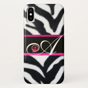 FUNDA PARA iPhone X BLANCO NEGRO ZEBRA FUR FUCHSIA PINK GEM MONOGRAM,
