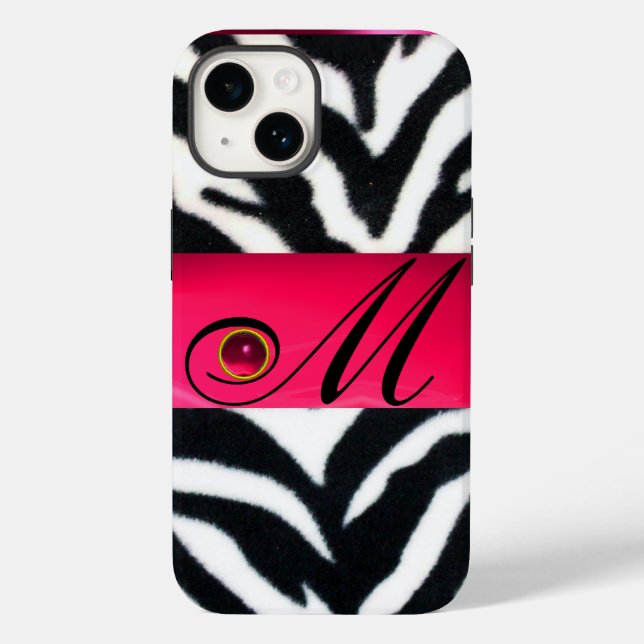 FUNDA DE Case-Mate PARA iPhone BLANCO NEGRO ZEBRA FUR FUCHSIA PINK GEM MONOGRAM, (Reverso )