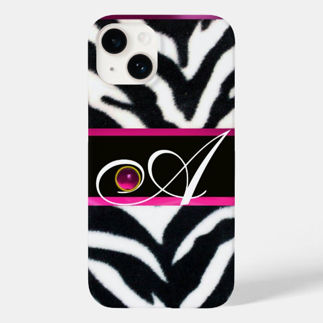 FUNDA DE Case-Mate PARA iPhone BLANCO NEGRO ZEBRA FUR FUCHSIA PINK GEM MONOGRAM, (Reverso )