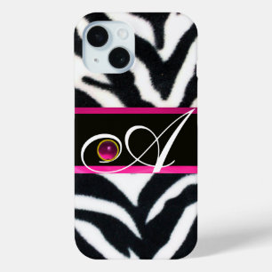 FUNDA PARA iPhone 15 BLANCO NEGRO ZEBRA FUR FUCHSIA PINK GEM MONOGRAM,