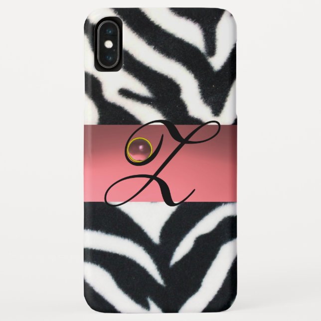 FUNDA DE Case-Mate PARA iPhone BLANCO NEGRO ZEBRA FUR PINK GEM MONOGRAM, (Reverso)
