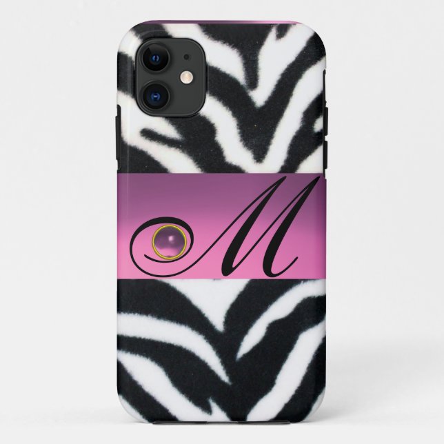 FUNDA DE Case-Mate PARA iPhone BLANCO NEGRO ZEBRA FUR PINK LILAC GEM MONOGRAM, (Reverso)