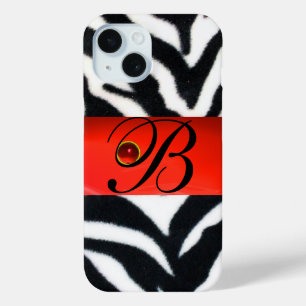 FUNDA PARA iPhone 15 BLANCO NEGRO ZEBRA FUR ROJO GEM MONOGRAM,