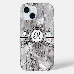 Funda Para iPhone 15 Blanco rosa abstracto floral gris blanco negro