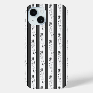 Funda Para iPhone 15 Blanco y negro gris vintage rayado con rosas