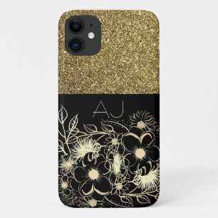 Funda Para iPhone 11 Bling Bling Oro Brillo Flores Negras Lujo