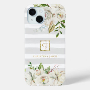 Funda Para iPhone 15 Blooms dorados Monograma floral de franjas grise