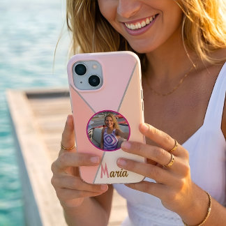 Funda Para iPhone 15 Bloque de Color Rosa Pastel con Foto y Nombre Pers
