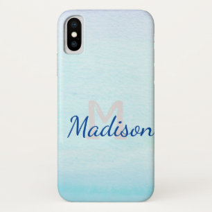 Funda Para iPhone X Blue Aqua Watercolor Fade Cuadros Nombre Inicial
