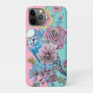 Funda Para iPhone 11 Pro Blue Budgie Watercolor Chicas florales Pink Aqua