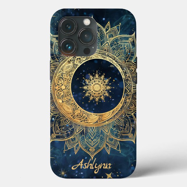 Funda De Case-Mate Para iPhone Blue Celestial Gold Moon Mandala (Reverso )