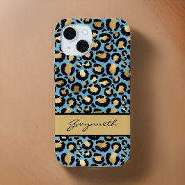 Funda Para iPhone 15 Blue Gold Black Leopard Print con tu nombre