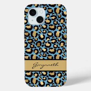 Funda Para iPhone 15 Blue Gold Black Leopard Print con tu nombre