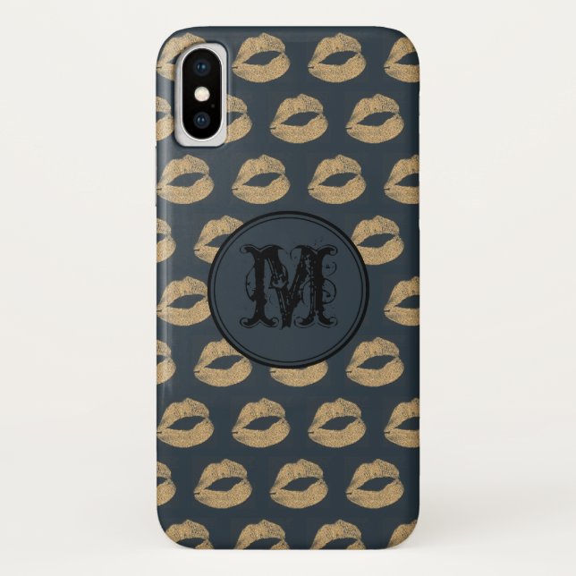 Funda De Case-Mate Para iPhone Blue golden lips Gothic Monograma personalizado (Reverso)