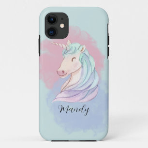 Funda Para iPhone 11 Blue Green Watercolor Unicorn Custom Name