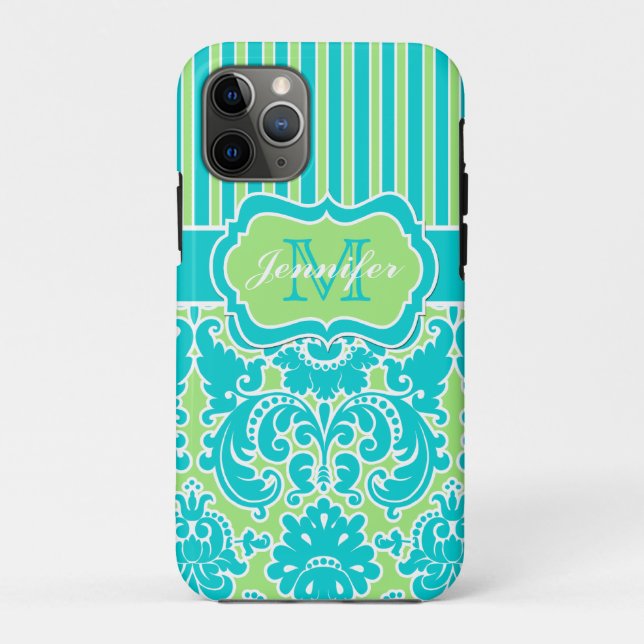 Funda De Case-Mate Para iPhone Blue, Green, White Striped Damask iPhone 11 (Reverso)