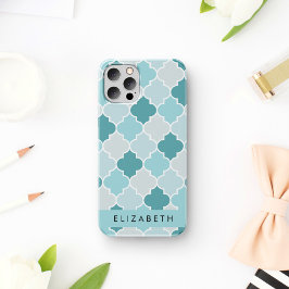 Funda Para iPhone 12 Pro Blue Moroccan Trellis, Quatrefoil, tu nombre