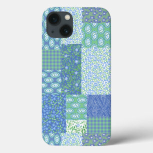Funda Para iPhone 13 Blue Periwinkle Floral Boho Faux Patchwork Pattern