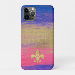 Funda Para iPhone 11 Pro Blue, PInk, canvas pintadas de oro con flores de l