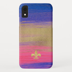 Funda Para iPhone XR Blue, PInk, canvas pintadas de oro con flores de l