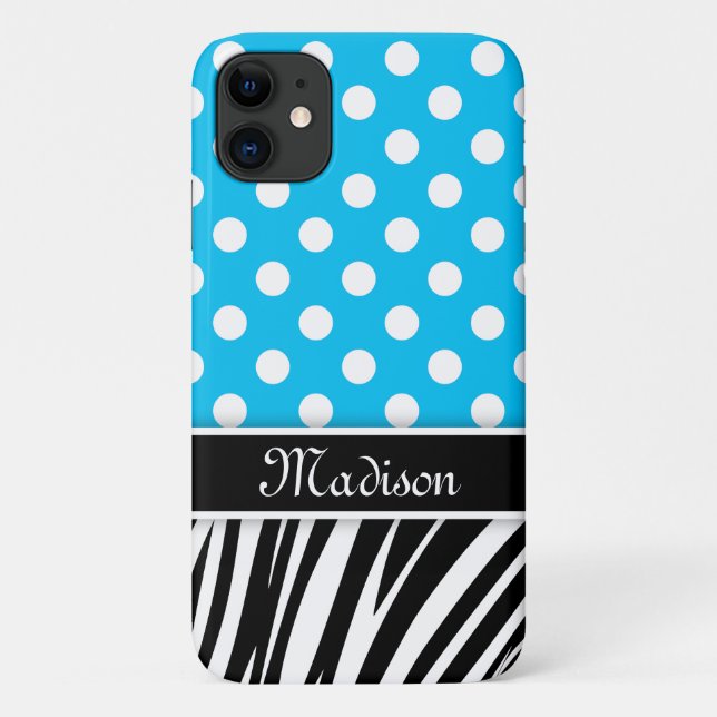 Funda De Case-Mate Para iPhone Blue Polka Dots Zebra Stripes Black Name (Reverso)