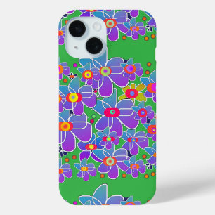 Funda Para iPhone 15 Blue Purple Flower Burst Green