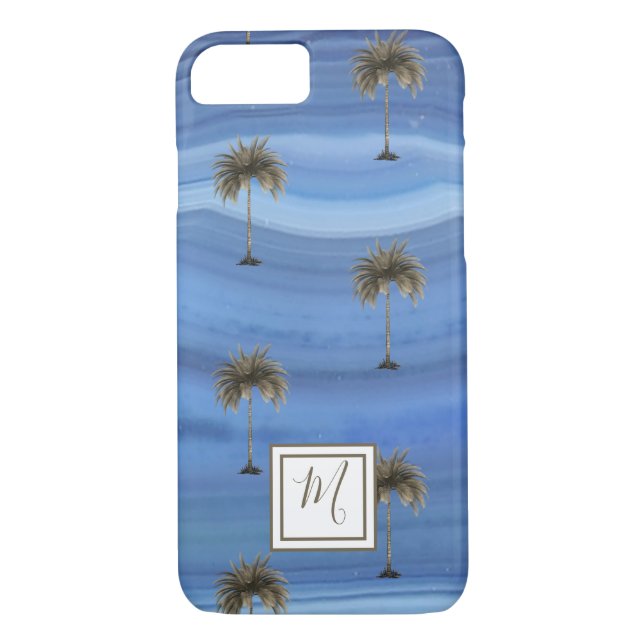 Funda De Case-Mate Para iPhone Blue Sapphire Elegant Monograma de Palm Tree Tropi (Reverso)