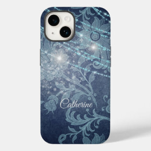 Funda Para iPhone 14 De Case-Mate Blue Wallpaper Floral String LIghts Pattern