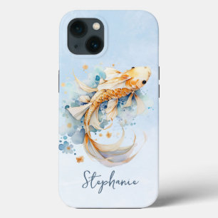 Funda Para iPhone 13 Blue Watercolor Gold Koi Fish Personalizado