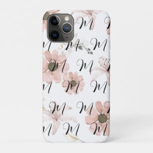 Funda Para iPhone 11 Pro Blush de Flores Rosadas Acuarela Monograma de Arte