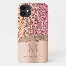 Funda Para iPhone 11 Blush Rosa Dorado Femenino Monograma Brillo Falso 