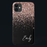 Funda Para iPhone 11 Blush Rosa Glitter Monograma Negra Femenina Dorado<br><div class="desc">Negro Femenino y Dorado Rosa - Monograma de Nombre e Inicial de Metal Cepillado con Brillo Falso Rosa Blush y Brillantina que Gotea para Teléfono. Esto hace el regalo perfecto para cumpleaños dulces 16, boda, despedida de soltera, aniversario, baby shower o fiesta de soltera para alguien que ama el lujo...</div>