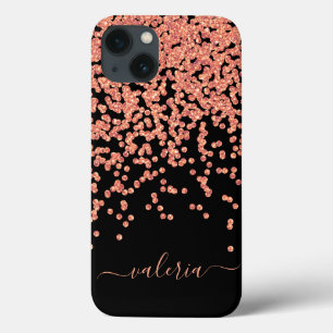 Funda Para iPhone 13 Blush Rosa Oro Negro Brillante Monograma Nombre